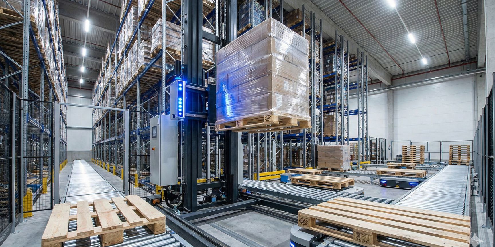 Automatisches Regalbediengerät hebt eine folierte Europalette in einem modernen Hochregallager, während leere Paletten auf einer Förderstrecke transportiert werden